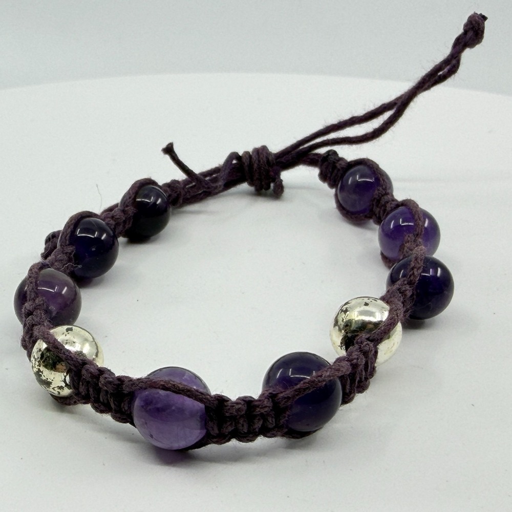 Amethyst Bead Macrame Bracelet Purple Gemstone Adjustable Boho Gift Jewelry